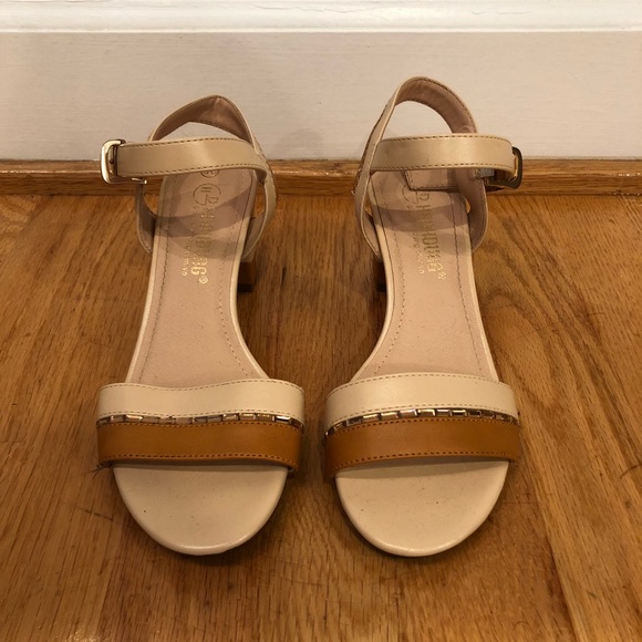 Brown & Tan Thick Heels with Gold Trim - Picture 1 of 7